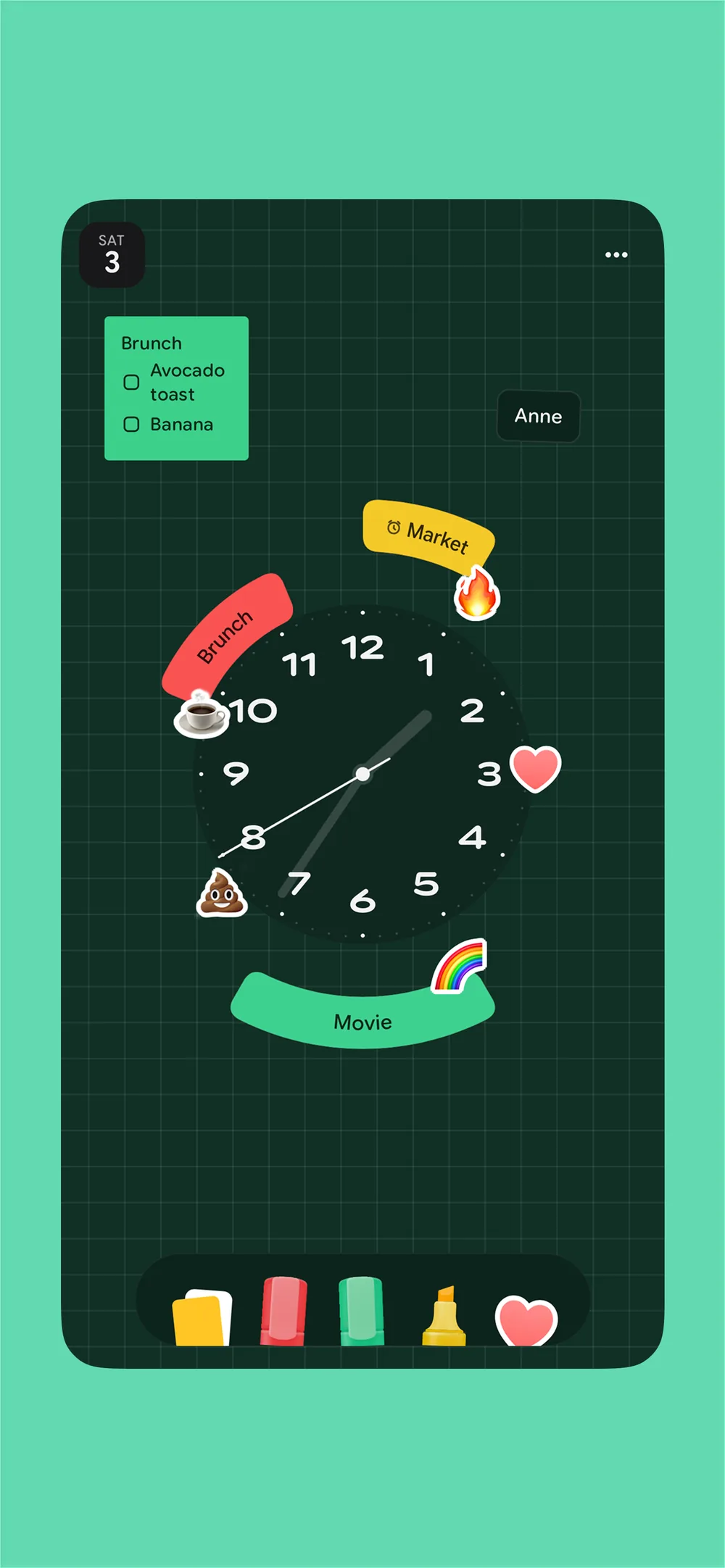 Dark green theme with a Brunch checklist and stickers